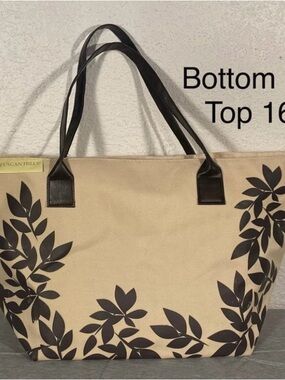 Beige Canvas Tote with Brown Leaf Print and Dark Brown Handles